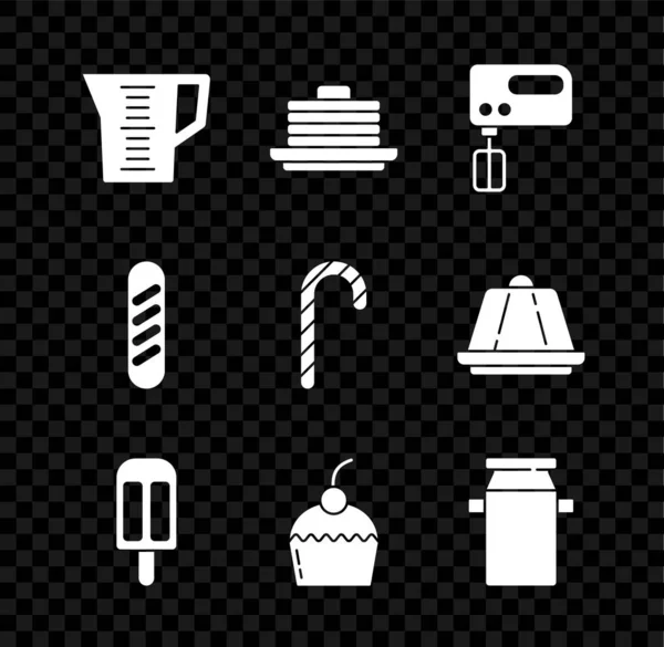 Set Taza de medir, Pila de panqueques, Mezclador eléctrico, Helado, Pastel, Envase de lata para leche, Pan de baguette francés e icono de bastón de caramelo de Navidad. Vector — Archivo Imágenes Vectoriales