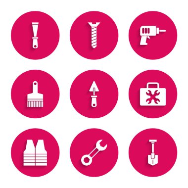 Trowel, İngiliz anahtarı, kürek, alet çantası, güvenlik yeleği, boya fırçası, elektrikli matkap ve macun bıçağı ikonu. Vektör