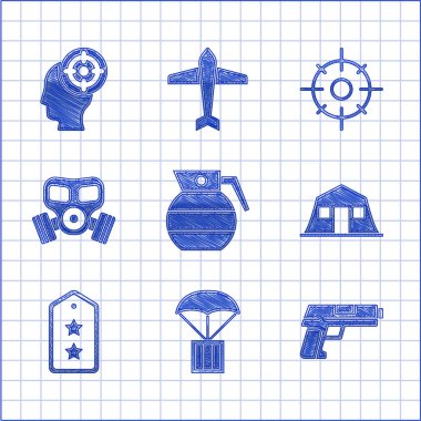El bombası, hava indirme kutusu, tabanca ya da silah, askeri kışla, rütbe, gaz maskesi, hedef spor ve ikon. Vektör