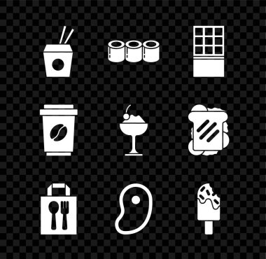 Asya eriştesi, yemek çubuğu, suşi, çikolatalı çikolata, online sipariş teslimatı, biftek eti, dondurma, kahve fincanı hazırla. Vektör