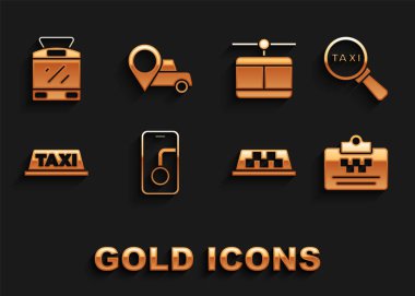 Şehir haritası navigasyonu, büyüteç ve taksi arabası, taksi ehliyeti, çatı, kablo, tramvay ve ikonlu konum ayarlayın. Vektör