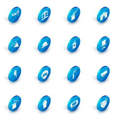 Çekici atlıkarınca, büyücü şapkası, sirk çadırı, şenlikli konfeti, havai fişek roketi, palyaço ve su ikonlu kağıt bardak. Vektör