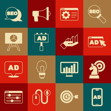 Reklam, Satranç, Tarayıcı ayarlarını ayarla, Grafik grafikli tahta, SEO optimizasyonu ve Pie bilgi simgesi. Vektör