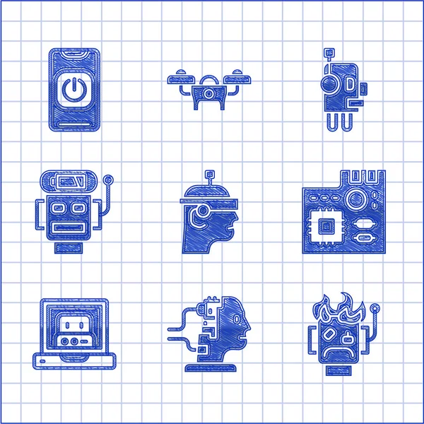 スマートグラス、メンテナンス用ロボット、燃え尽きたもの、マザーボードのデジタルチップ、ロボットの作成、バッテリーの充電量が少なく、電話のアイコンからオフにします。ベクトル — ストックベクタ