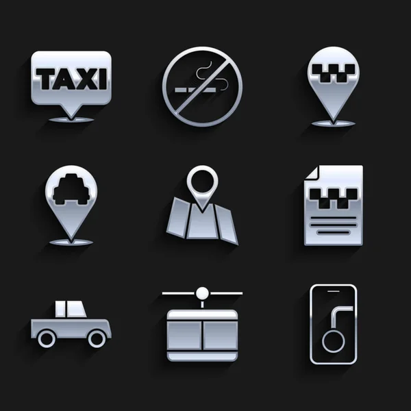 Gefaltete Landkarte mit Standort, Seilbahn, Stadtnavigation, Taxifahrerlizenz, Auto, Standort-Taxi und Symbol. Vektor — Stockvektor