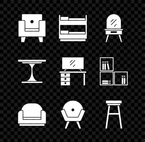 Set Armchair, Bunk bed, Dressing table, Chair, Round and TV stand icon. Vector — Stock Vector