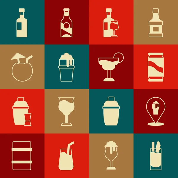 Set Cocktail Bloody Mary, Alcohol o bar de cerveza ubicación, lata de cerveza, botella de vino con vaso, vaso de, cóctel de coco, y el icono. Vector — Vector de stock