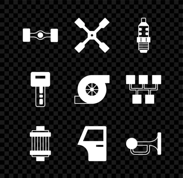 Set Chassis auto, Wielsleutel, Auto bougie, luchtfilter, deur, Signaalhoorn op het voertuig, sleutel met afstandsbediening en Automotive turbolader icoon. Vector — Stockvector