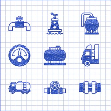 Petrol deposu, metal borular ve valf, araç benzini, tanker kamyonu, motor benzin göstergesi ve ikon ayarlayın. Vektör