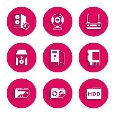 Case of bilgisayar, Video grafik kartı, Hard disk sürücü HDD, SD, kesintisiz güç kaynağı, Router ve wi-fi sinyali ve simge seti. Vektör