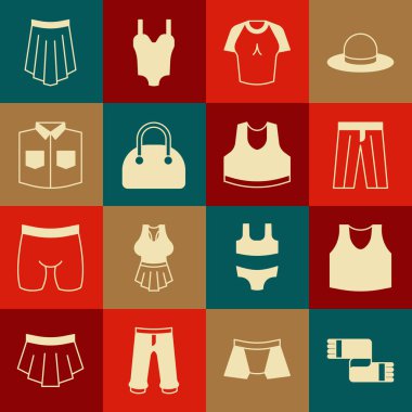 Kış eşarbı, atkı, atlet, pantolon, tişört, el çantası, gömlek, etek ve ikon. Vektör