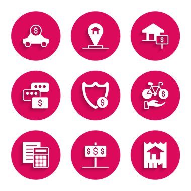 Kalkan 'ı dolar, ev, bisiklet kiralama mobil uygulaması, hesap makinesi, fiyat pazarlığı ve araba ikonu ile ayarla. Vektör