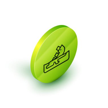 Parçalanmış petrol tankeri ikonu beyaz arka planda izole edildi. Petrol sızıntısı kazası. Çarpışma tankeri. Çevre kirliliği kavramı. Yeşil daire düğmesi. Vektör