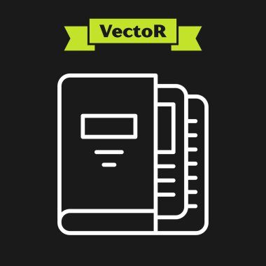 Siyah arkaplanda beyaz çizgi ofis dosyaları ve belge simgesi var. Ofis dosyaları. Dosya arşivleme işareti. Vektör