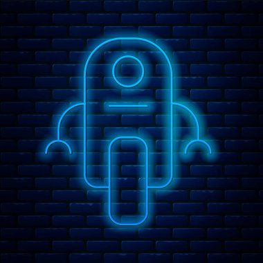 Parlayan neon hattı robot simgesi tuğla duvar arka planında izole edildi. Yapay zeka, makine öğrenme, bulut hesaplama. Vektör