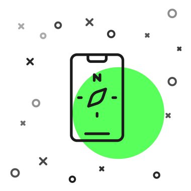 Beyaz arkaplanda izole edilmiş navigasyon simgesi için akıllı telefondaki siyah çizgi pusula ekran uygulamaları. Navigasyon için uygulama pusulası, uygulama haritası. Vektör