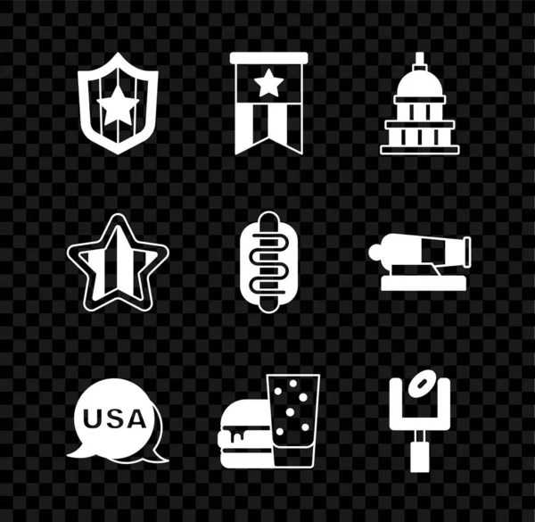 Starlı Kalkan, Amerikan bayrağı, Beyaz Saray, ABD Bağımsızlık Günü, Burger, futbol kale direği ve Hotdog sandviç ikonu. Vektör — Stok Vektör