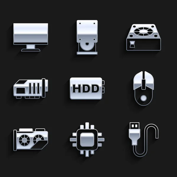 Harde schijf instellen HDD, processor met CPU, USB-kabel, computermuis, videokaart, koeler en monitor scherm icoon. Vector — Stockvector