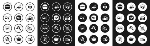 Establecer búsqueda de trabajo, Navegador con mercado de valores, infografía gráfico de pastel, Plantilla del sitio web, Crecimiento financiero, Documento e icono. Vector — Archivo Imágenes Vectoriales