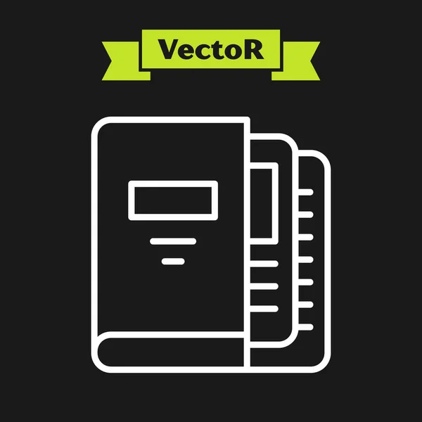 Línea blanca Carpetas de oficina con ícono de documentos y papeles aislados sobre fondo negro. Aglutinantes de oficina. Carpeta de archivos signo. Vector — Vector de stock