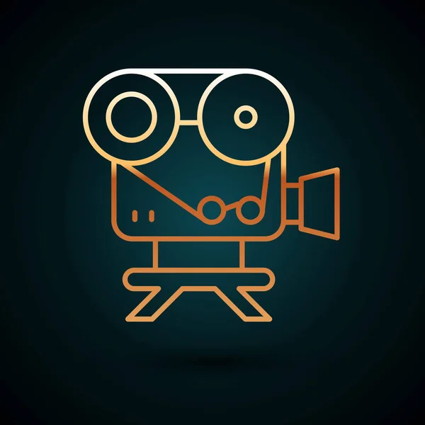 Goldene Linie Retro-Kino-Kamera-Symbol isoliert auf dunkelblauem Hintergrund. Videokamera. Filmschild. Filmprojektor. Vektor — Stockvektor