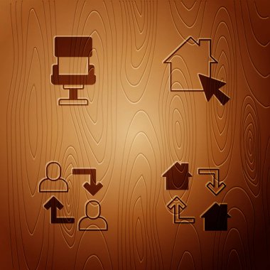 Çevrimiçi çalışma, ofis koltuğu, proje ekibi üssü ve ahşap arka plan. Vektör