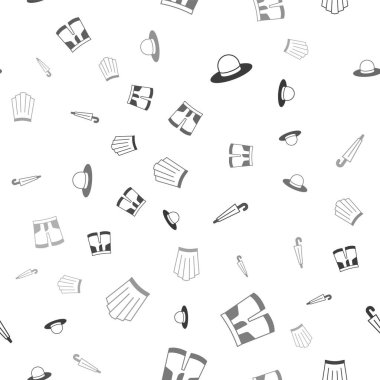 Set Man şapkası, kısa pantolon, Şemsiye ve etek kusursuz desenli. Vektör