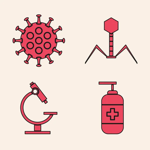 Ställ Flaska med flytande antibakteriell tvål, Virus, Bakterier bakteriofag och mikroskop ikonen. Vektor — Stock vektor