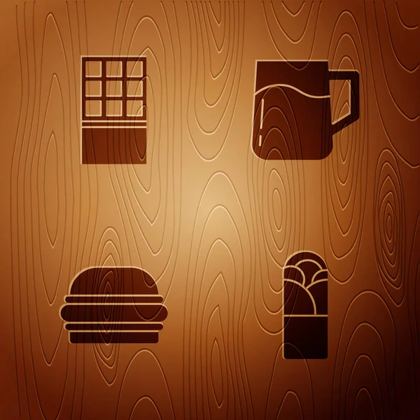 Set Doner kebab, Chocolate bar, Burger and Wooden beer mug on wooden background. Vector — Stock Vector