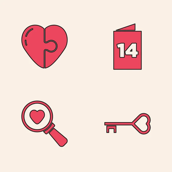 Establecer clave en forma de corazón, corazón, tarjeta de felicitación y el icono de búsqueda y amor. Vector — Vector de stock