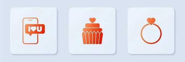 Свадебный торт с сердцем, мобильным телефоном и кольцами. Белая квадратная кнопка Вектор — стоковый вектор
