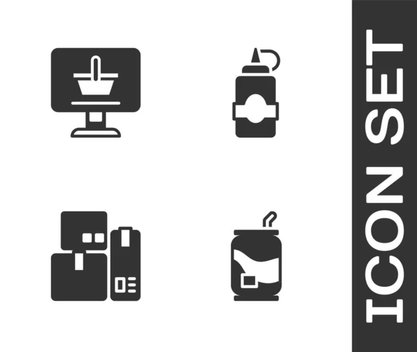 Set lata de refrigerante, carrinho de compras no computador, máquina de caixa registradora e ícone de garrafa de molho. Vetor —  Vetores de Stock