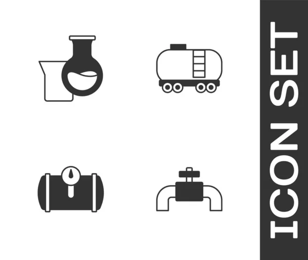 Conjunto de tuberías metálicas y válvula, tubo de prueba de gasolina de aceite, tanque de gas para vehículo y el icono de la cisterna ferroviaria. Vector — Archivo Imágenes Vectoriales