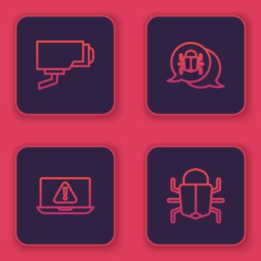 Hat güvenlik kamerası, ünlem işaretli dizüstü bilgisayar, sistem hatası ve... Mavi kare düğme. Vektör