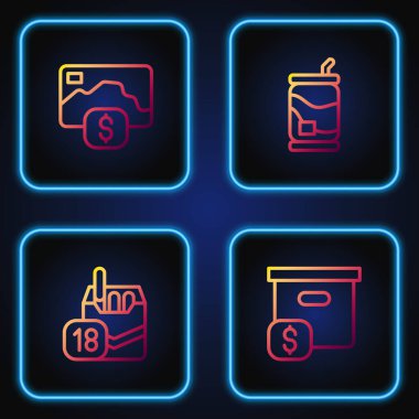 Fiyatı, sigara paketi, kredi kartı ve soda kutusu olan karton bir kutu ayarla. Renk simgeleri. Vektör