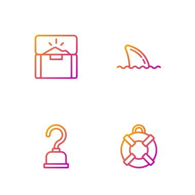 Lifebuoy, Korsan kancası, Antika hazine sandığı ve okyanus dalgasında köpekbalığı yüzgeci. Renk simgeleri. Vektör