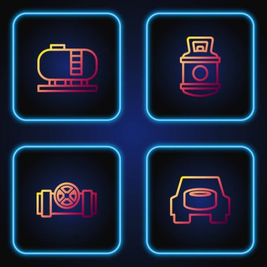 Arabaya yedek tekerlek, metal borular ve valf, yağ deposu ve propan gazı yerleştirin. Renk simgeleri. Vektör