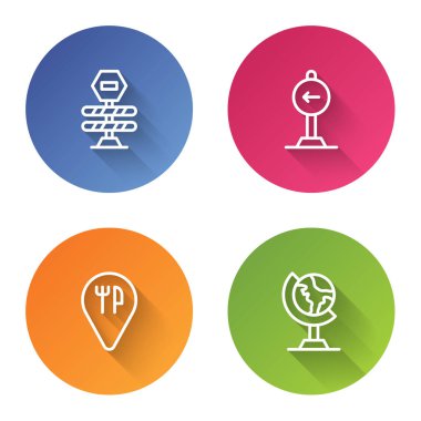 Hat bariyeri, trafik levhası sola dön, kafe, restoran ve Dünya küresi. Renkli daire düğmesi. Vektör