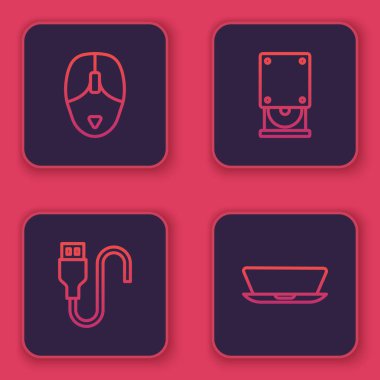 Bilgisayar faresi, USB kablo kablosu, optik disk sürücüsü ve dizüstü bilgisayarı ayarla. Mavi kare düğme. Vektör