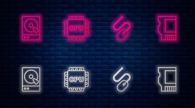 İşlemci, Bilgisayar faresi, Sabit disk sürücüsü HDD ve SD kartı ile satır işlemcisini ayarla. Tuğla duvarda parlayan neon simgesi. Vektör