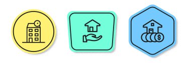 Set hattı House, emlakçı ve dolar. Renkli şekiller. Vektör