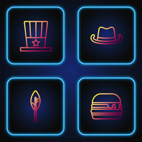 Set line Burger, Indian feather, Patriotic American top hat and Western cowboy. Gradient color icons. Vector — Stock Vector