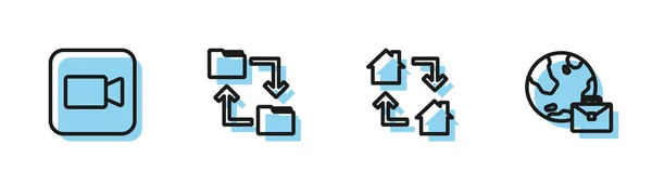 Stel lijn in Online werken, Camera, Cloud opslag document map en icoon. Vector — Stockvector