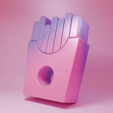 Purple-pink Potatoes french fries in carton package box icon isolated on pink background. Fast food menu. Minimalism concept. 3D render illustration.