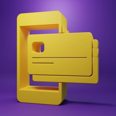 Yellow Mobile phone and credit card icon isolated on purple background. Smartphone online payment concept. NFC payment. Transfer icon. Minimalism concept. 3D render illustration.