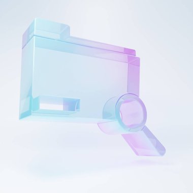 Frosted glass Search concept with folder icon isolated on white background. Magnifying glass and document. Data and information sign. Minimalism concept. 3D render illustration.