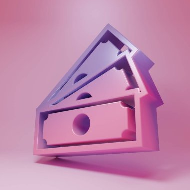 Purple-pink Stacks paper money cash icon isolated on pink background. Money banknotes stacks. Bill currency. Minimalism concept. 3D render illustration.