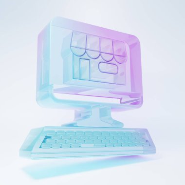 Frosted glass Shopping building on screen computer icon isolated on white background. Concept e-commerce, e-business, online business marketing. Minimalism concept. 3D render illustration.