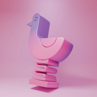 Purple-pink Riding kid duck icon isolated on pink background. Minimalism concept. 3D render illustration.