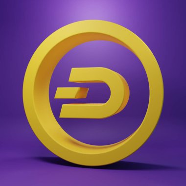Sarı kripto para birimi Dash simgesi mor arkaplanda izole edildi. Dijital para birimi. Altcoin sembolü. Engelleme zinciri tabanlı şifreli para birimi. Minimalizm kavramı. 3 Boyutlu resimleme.
